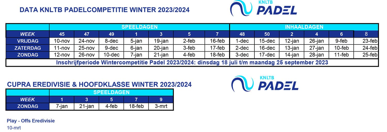 Speeldata Padelcompetitie Winter 2023-2024
